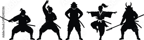 Five samurai silhouettes in traditional attire with swords and weapons, dynamic martial arts poses, Japanese warrior culture vector illustration design