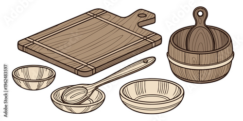 A collection of vintage wooden kitchen utensils and bowls displayed together
