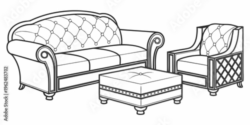 Elegant living room set with a tufted sofa and two armchairs.