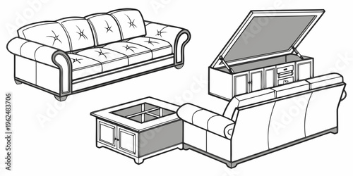 A detailed illustration of a sofa and a storage box with a lid.