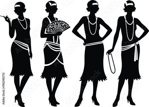 Flapper silhouette vector illustration featuring 1920s women fashion fringe dresses headbands pearl necklaces cigarette holder fan elegant roaring twenties style