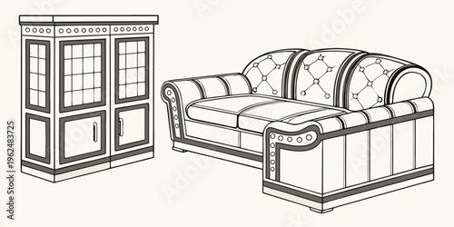 A classic living room with a comfortable sofa and a wooden cabinet.