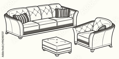 A cozy living room setup with a plush sofa, armchair, and ottoman.