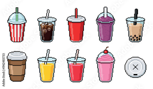 Pixel art beverages cups collection featuring various refreshing drinks like soda, coffee, juice, and smoothies in a retro 8-bit digital game style.