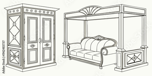 Vintage bedroom furniture set including a canopy bed and wardrobe