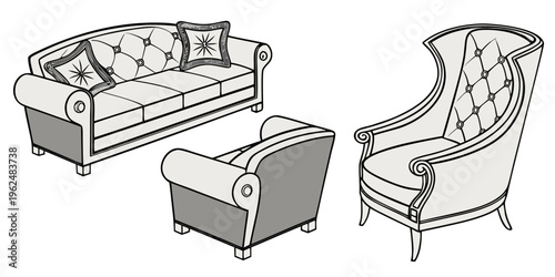 A cozy living room with a vintage sofa, armchair, and ottoman