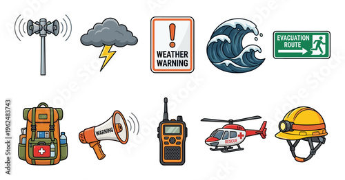 Emergency and rescue equipment icons, including a siren, storm cloud, warning signs, and a helicopter, illustrating various disaster preparedness and safety scenarios.