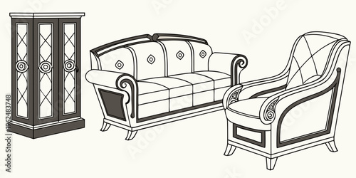 A vintage living room set with a sofa, armchair, and cabinet.