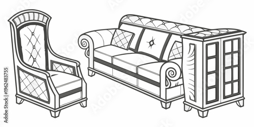 Vintage furniture set consisting of a sofa and a chair.