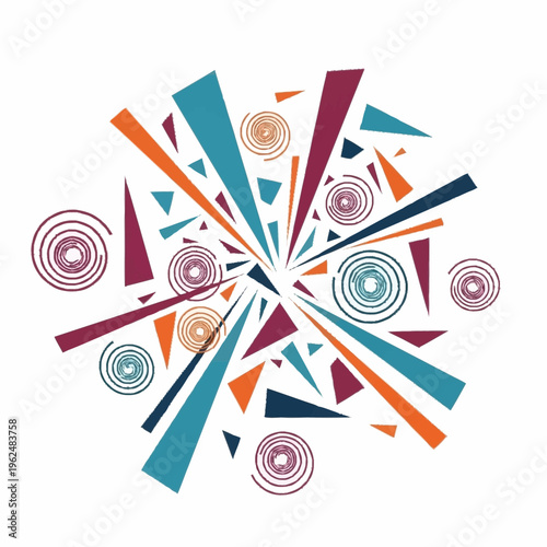 Abstract explosion of geometric shapes and swirling spirals in vibrant colors, creating a dynamic and energetic visual composition.