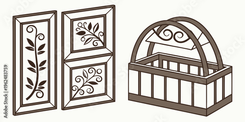 A cozy corner featuring a wooden baby crib and three floral-themed framed pictures.