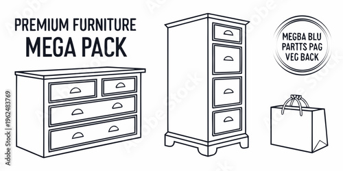 Premium furniture mega pack including dresser, cabinet, and handbag illustrations