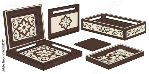 A set of intricately designed, ornate jewelry boxes and trays in a variety of shapes and sizes.