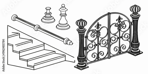 A collection of chess pieces and a decorative fence in a vintage style