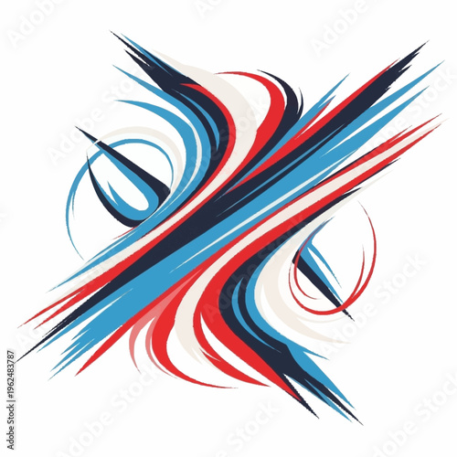 Abstract dynamic explosion of red, white, and blue streaks with swirling circular elements against a white background, suggesting motion and energy.