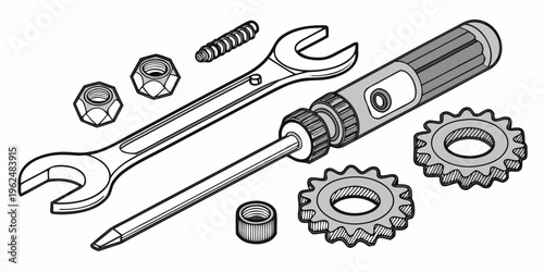 Assorted tools and mechanical components for maintenance and repair