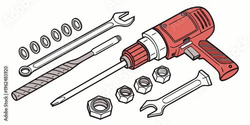 A collection of tools including a red electric drill and various attachments