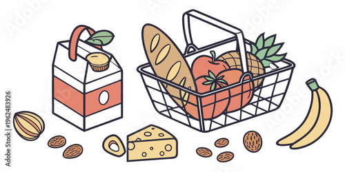 A vibrant assortment of fresh fruits, vegetables, and breads in a basket
