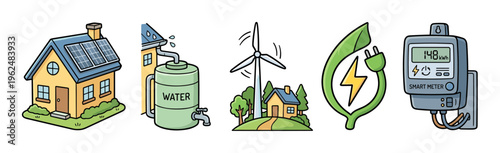 Various renewable energy and sustainable living concepts are illustrated with a solar house, rainwater tank, wind turbine, and smart meter.