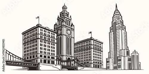 Skyline of a city with tall buildings and a bridge in the foreground