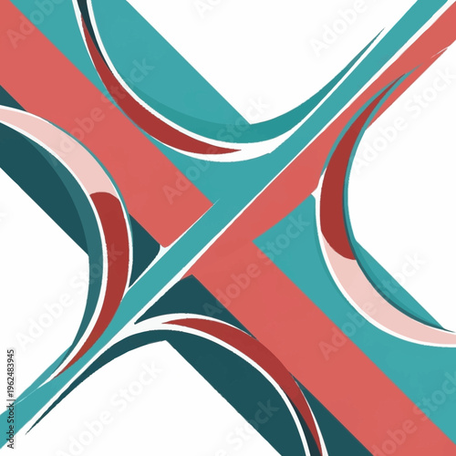 Abstract geometric composition with intersecting curved and straight lines in teal, coral, and white.
