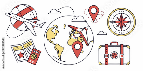 Illustration of travel and tourism with various icons and symbols