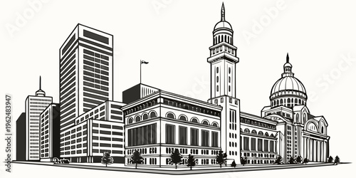 A detailed sketch of a cityscape with prominent buildings and a clock tower