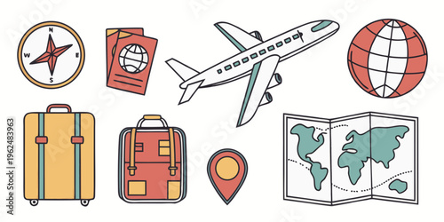 A collection of travel icons showcasing various modes of transportation and travel essentials