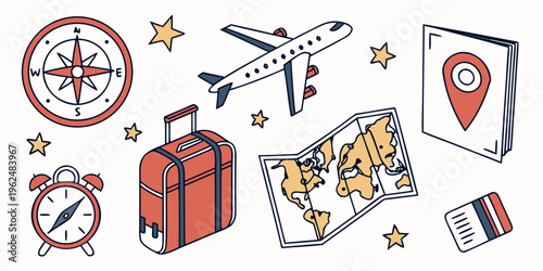 Travel icons representing various aspects of journey and adventure