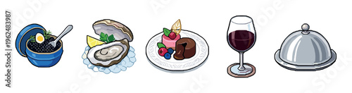 Gourmet food and drink items, including caviar, fresh oyster, elegant desserts, and red wine, are presented in a charming cartoon style.