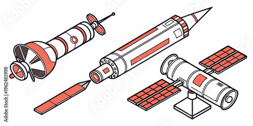 A collection of vintage space rockets and satellites in a variety of shapes and sizes.