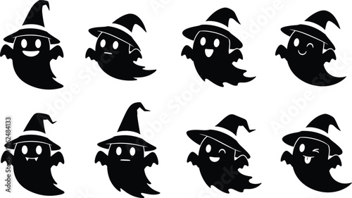 Halloween ghost silhouette vector illustration set featuring witch hats, playful spooky characters, cute cartoon design artwork collection with varied expressions