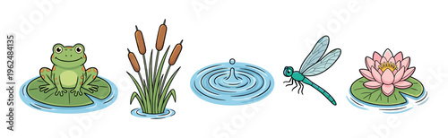 Adorable cartoon pond life elements featuring a happy frog on a lily pad, tall cattails, a water ripple, a graceful dragonfly, and a vibrant pink water lily.