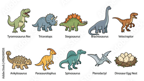 Various cartoon dinosaurs and a nest of eggs are illustrated in a colorful collection, perfect for educational materials and children's projects.