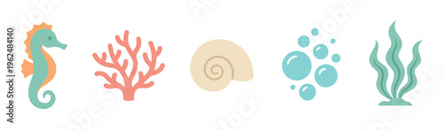 Various colorful flat design marine life elements collection featuring a seahorse, coral, seashell, bubbles, and seaweed in a simple illustration style.
