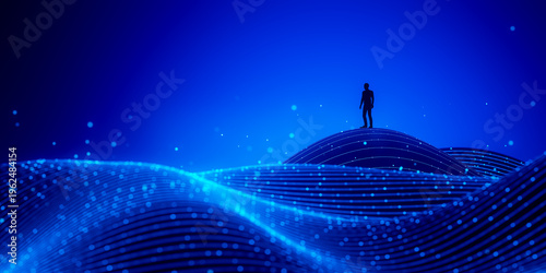 3D luminous data ridge with silhouette above flowing line