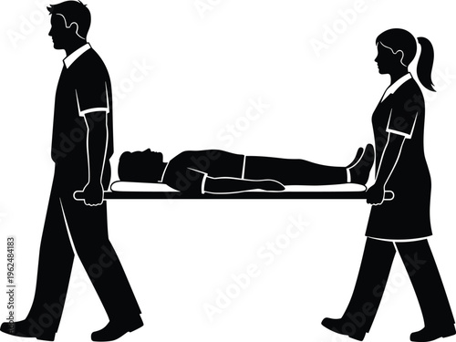 Black silhouettes of medical staff carrying a patient on a stretcher