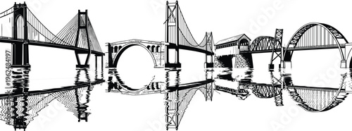 Bridge silhouette illustration set, suspension arch truss covered reflection water artwork, infrastructure vector design concept