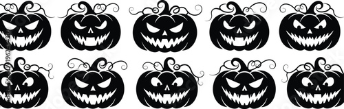 Halloween jack-o’-lantern silhouette vector collection featuring spooky carved pumpkins with sharp teeth, triangular eyes, curly stems in festive design