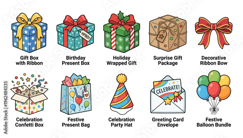 This charming assortment of celebration items includes beautifully wrapped gift boxes, festive party hats, colorful balloons, and heartfelt greeting cards.