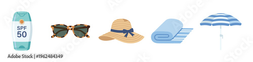 Summer beach vacation essentials collection featuring sunscreen, stylish sunglasses, a straw hat, rolled towel, and striped umbrella.