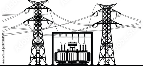 Electrical substation silhouette collection, power outline figure, transformer motif illustration, energy icon art, infrastructure design graphic, distribution posture symbol image