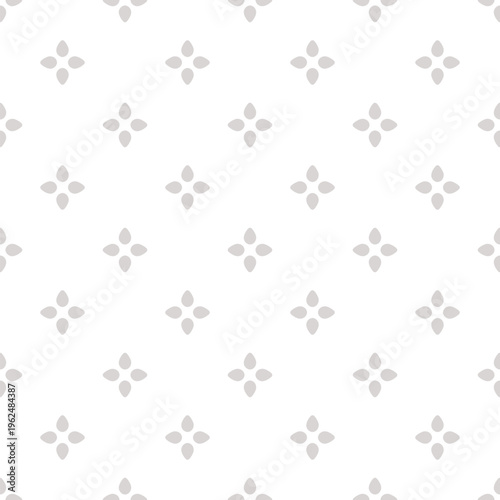 Subtle minimalist floral seamless pattern. Vector abstract minimal geometric ornament with small stylized flowers, leaves, petals. Simple grey and white background texture. Repeated design for print