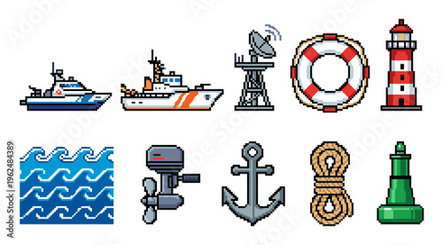 Nautical pixel art icons representing various maritime elements such as boats, a lighthouse, anchor, lifebuoy, and waves for digital design.