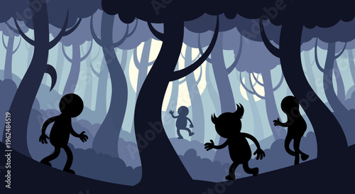 Children exploring a mysterious dark forest at night.