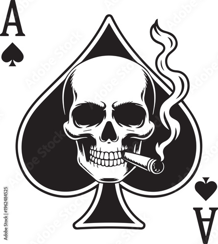 Black ace of spades playing card with smoking skull holding cigar in mouth featuring bold graphic design isolated on white background vector