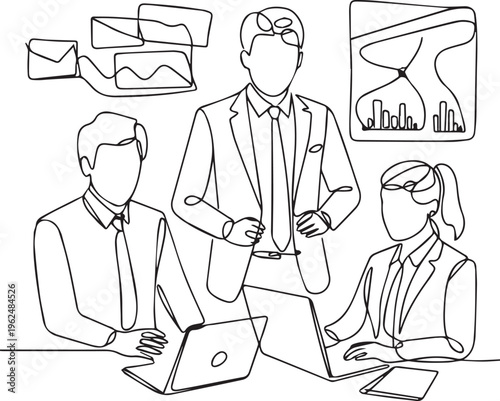 Business people collaborating on laptops and discussing ideas, symbolizing teamwork and success in modern office environment