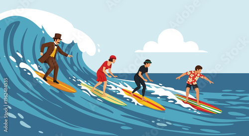 Diverse group of people surfing a large ocean wave together.