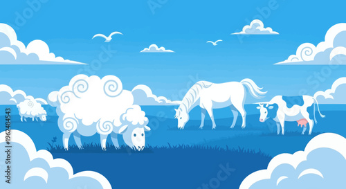 Fluffy sheep and white horses grazing peacefully in a blue landscape.