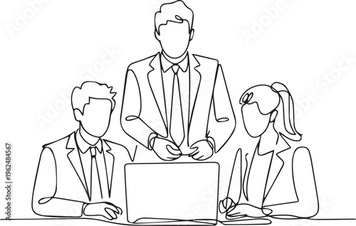 Business team meeting around laptop, emphasizing collaboration and corporate strategy, professional office environment setting